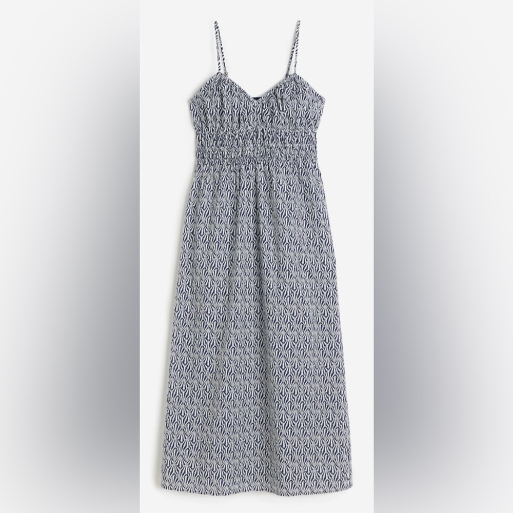 NEW H&M Dress, Midi Length, Adjustable Straps, Smocked Waist, Blue/White, Size M